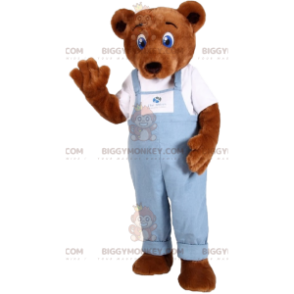 Braunbär BIGGYMONKEY™ Maskottchenkostüm mit blauem Overall -