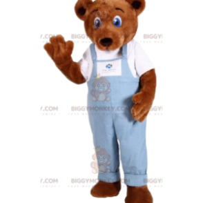 Braunbär BIGGYMONKEY™ Maskottchenkostüm mit blauem Overall -