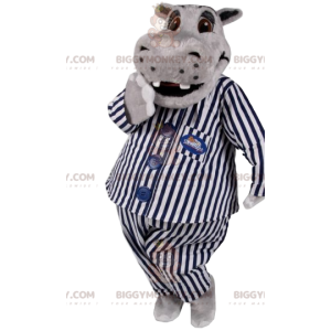 BIGGYMONKEY™ maskotdräkt av grå flodhäst i randig pyjamas. -