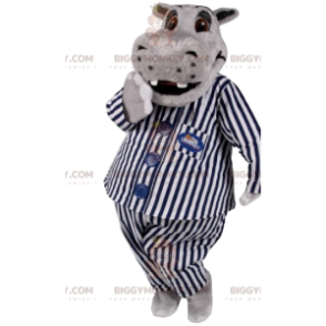 BIGGYMONKEY™ mascot costume of gray hippopotamus in striped