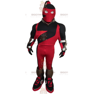 Czerwony i czarny kostium maskotki zamaskowanego superbohatera