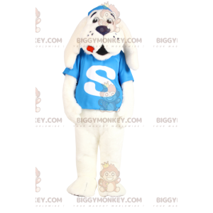 BIGGYMONKEY™ Μασκότ Κοστούμι Λευκό Σκυλί με Τυρκουάζ Ζέρσεϊ -
