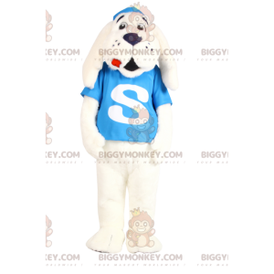 Costume de mascotte BIGGYMONKEY™ de chien blanc avec un maillot