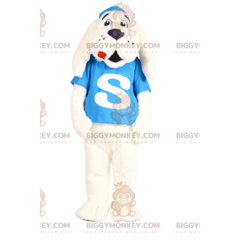 BIGGYMONKEY™ Mascot Costume White Dog with Turquoise Jersey –