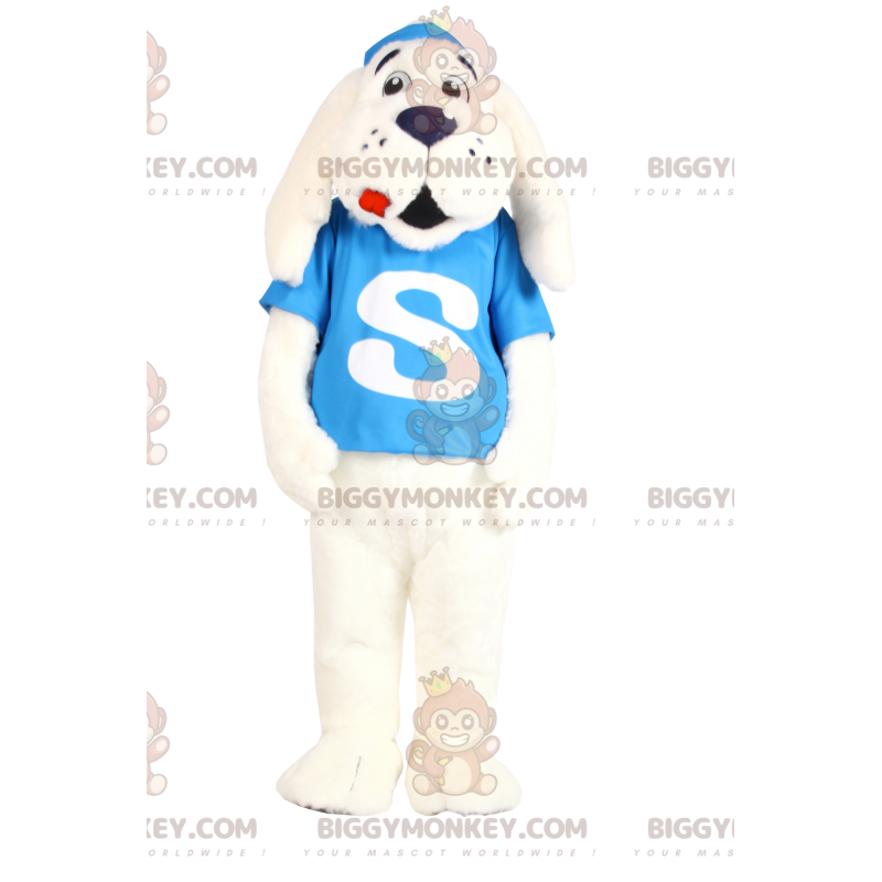 Costume de mascotte BIGGYMONKEY™ de chien blanc avec un maillot
