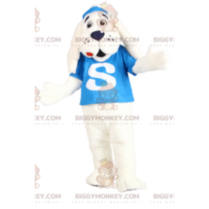 BIGGYMONKEY™ Maskottchen-Kostüm Weißer Hund mit türkisfarbenem