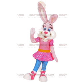 Bunny BIGGYMONKEY™ Mascot Costume with Pink Dress. Bunny