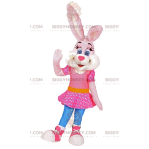 Bunny BIGGYMONKEY™ maskotdräkt med rosa klänning, kaninkostym -