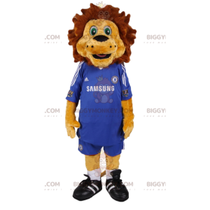 Disfraz de mascota BIGGYMONKEY™ de león con kit de fútbol azul.