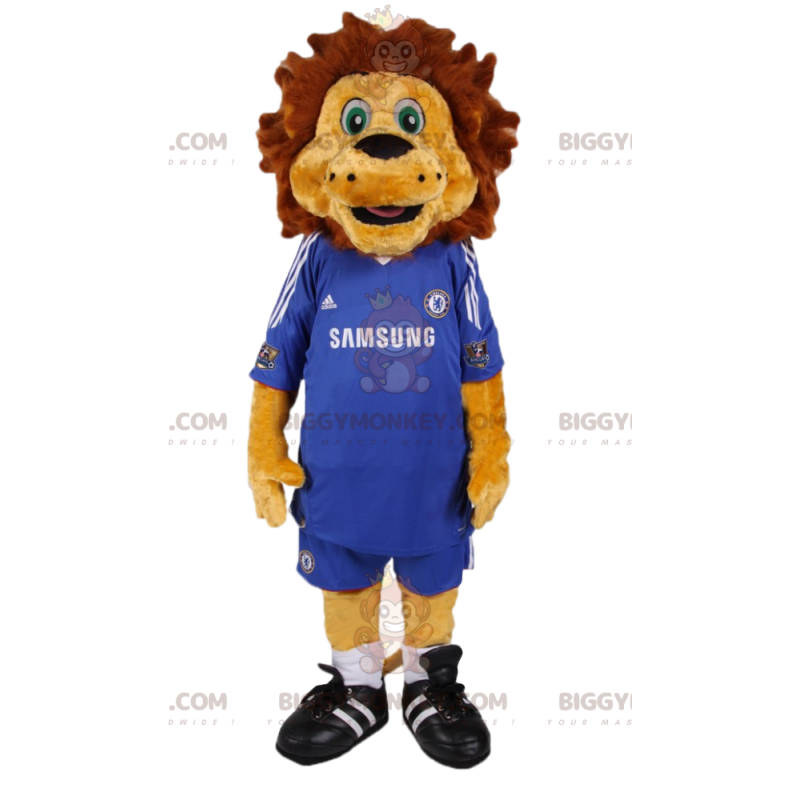 BIGGYMONKEY™ μασκότ στολή λιονταριού σε μπλε κιτ ποδοσφαίρου.