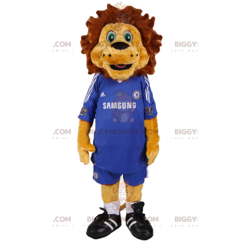 Costume de mascotte BIGGYMONKEY™ de lion en tenue de foot bleu.