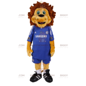 BIGGYMONKEY™ mascottekostuum van leeuw in blauw voetbaltenue.