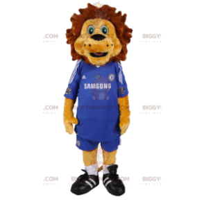 Disfraz de mascota BIGGYMONKEY™ de león con kit de fútbol azul.