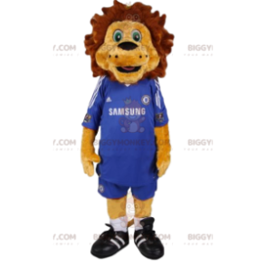 BIGGYMONKEY™ mascot costume of lion in blue football kit. lion