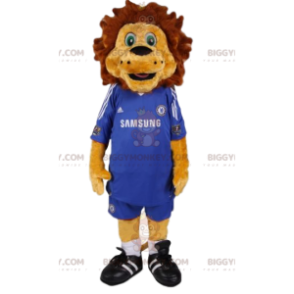 Disfraz de mascota BIGGYMONKEY™ de león con kit de fútbol azul.