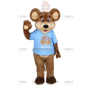 Costume da mascotte orso bruno BIGGYMONKEY™ con t-shirt blu.