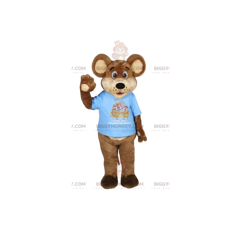 Brown bear BIGGYMONKEY™ mascot costume with blue t-shirt. bear