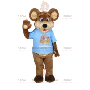 Brown bear BIGGYMONKEY™ mascot costume with blue t-shirt. bear