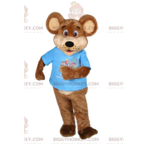 Brown bear BIGGYMONKEY™ mascot costume with blue t-shirt. bear