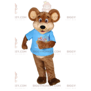 Costume da mascotte orso bruno BIGGYMONKEY™ con t-shirt blu.