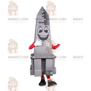 Traje de mascote BIGGYMONKEY™ Obelisco cinza sorridente. Traje