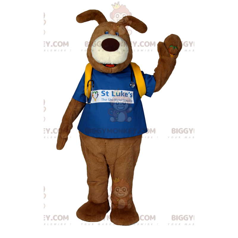 Brauner Hund BIGGYMONKEY™ Maskottchen-Kostüm mit blauem T-Shirt