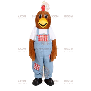 Fato de mascote BIGGYMONKEY™ de galinha em macacão azul.