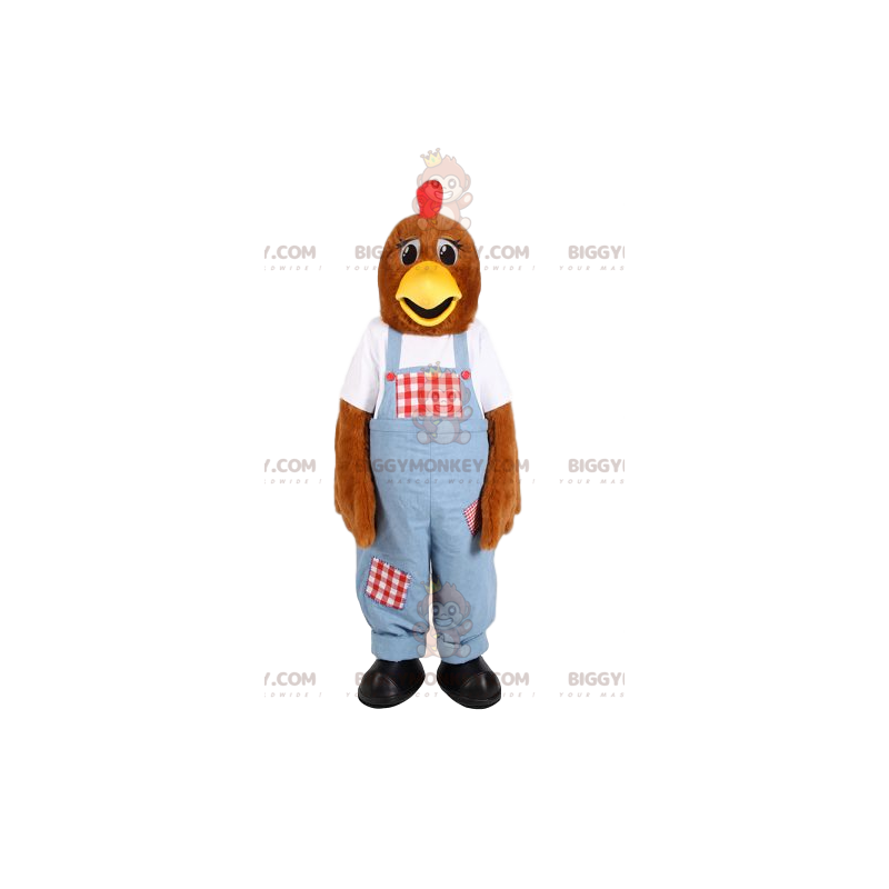 Costume de mascotte BIGGYMONKEY™ de poule en salopette bleue.