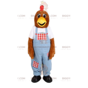 Costume de mascotte BIGGYMONKEY™ de poule en salopette bleue.