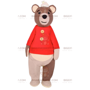 BIGGYMONKEY™ Maskottchenkostüm Braunbär mit rotem Pullover.