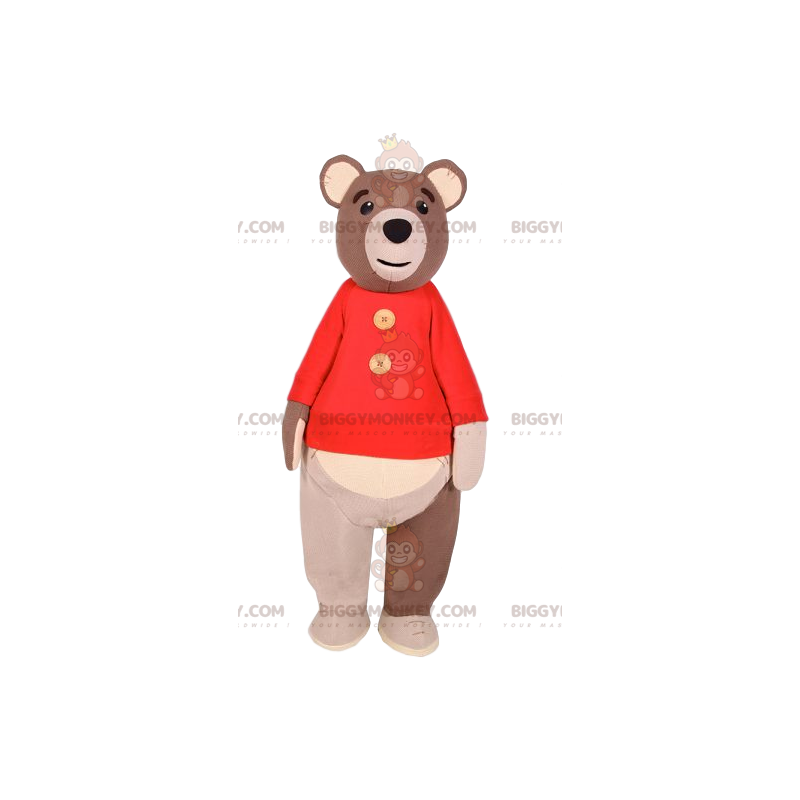 Kostým maskota BIGGYMONKEY™ medvěda hnědého s červeným svetrem.