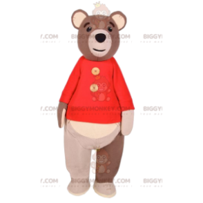 Kostým maskota BIGGYMONKEY™ medvěda hnědého s červeným svetrem.