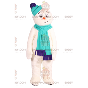 BIGGYMONKEY™ mascotte kostuum sneeuwpop met blauwe sjaal. -