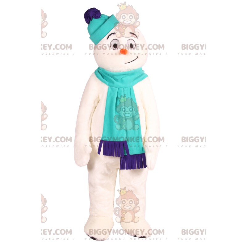 BIGGYMONKEY™ mascot costume snowman with blue scarf. –