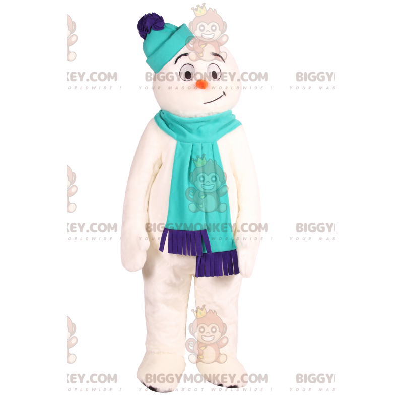 BIGGYMONKEY™ maskottipuku lumiukko sinisellä huivilla. -