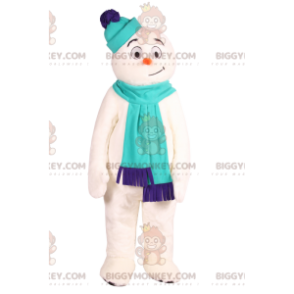 BIGGYMONKEY™ Maskottchenkostüm Schneemann mit blauem Schal. -