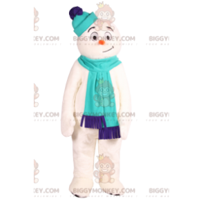 BIGGYMONKEY™ maskottipuku lumiukko sinisellä huivilla. -