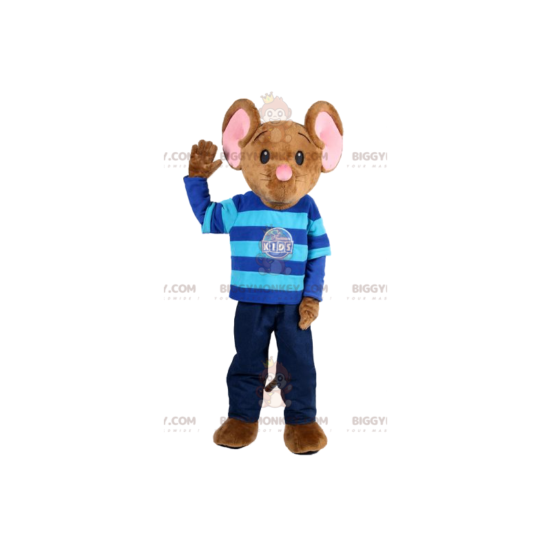 BIGGYMONKEY™ Mascot Costume of Brown Mouse in Jeans and Striped