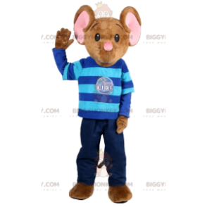 BIGGYMONKEY™ maskotdräkt av brun mus i jeans och randig tröja.