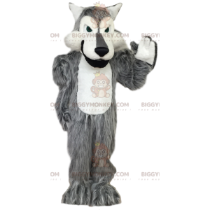 Kostium maskotki szaro-białego wilka BIGGYMONKEY™. kostium