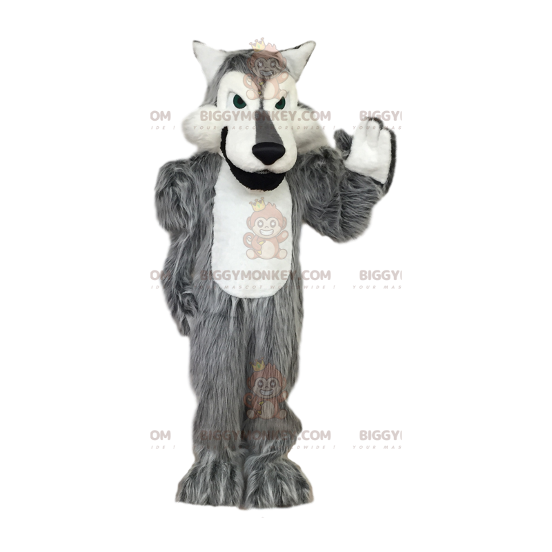 Κοστούμι μασκότ με γκρίζο και λευκό λύκο BIGGYMONKEY™. στολή