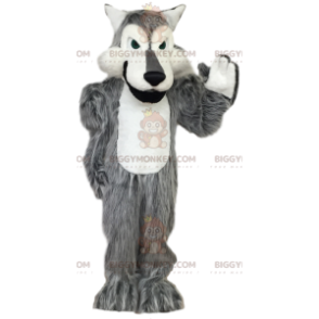 Kostium maskotki szaro-białego wilka BIGGYMONKEY™. kostium