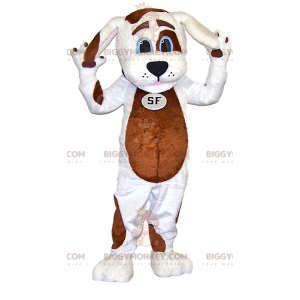 Kostým maskota BIGGYMONKEY™ bílý pes s hnědými skvrnami. kostým