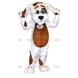 Traje de mascote BIGGYMONKEY™ cão branco com manchas marrons.