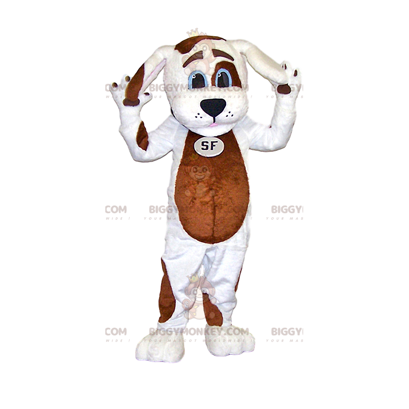 Traje de mascote BIGGYMONKEY™ cão branco com manchas marrons.