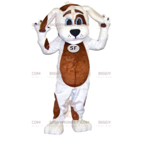 BIGGYMONKEY™ maskottipuku, valkoinen koira ruskeilla täplillä.