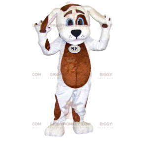 Traje de mascote BIGGYMONKEY™ cão branco com manchas marrons.