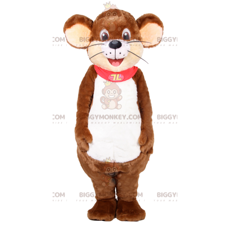 Fato de mascote BIGGYMONKEY™ de rato castanho com capa vermelha
