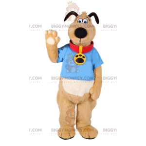 Hund BIGGYMONKEY™ maskotdräkt med röd krage och blå jersey. -