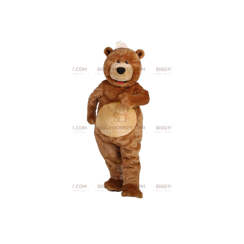 Traje de mascote BIGGYMONKEY™ de urso pardo muito sorridente.